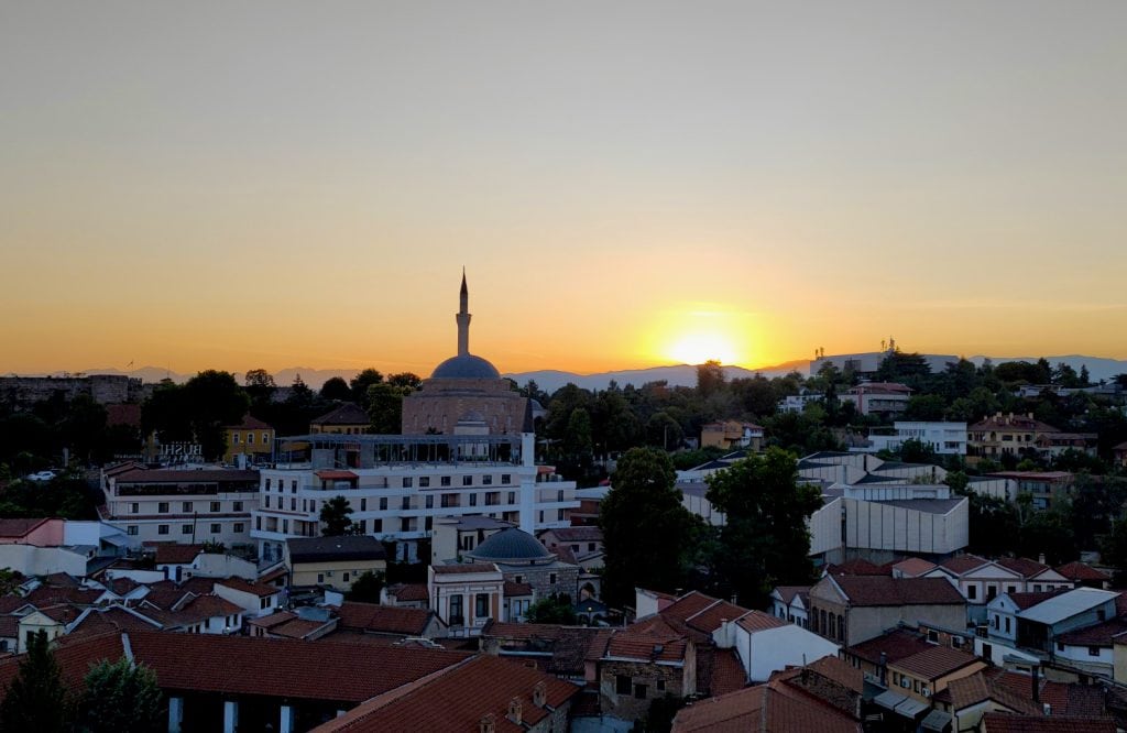 Skopje at sunset in North Macedonia